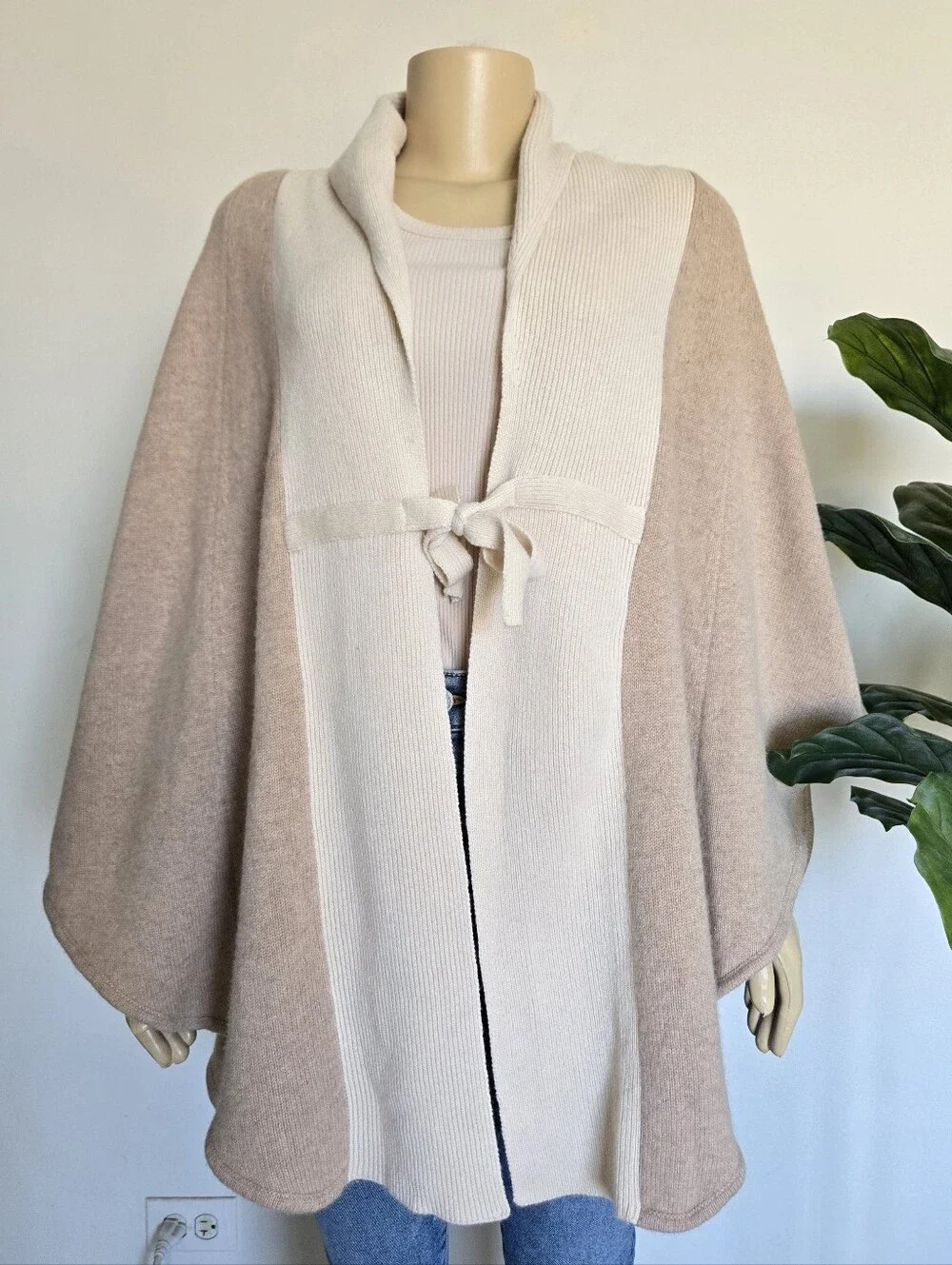Evelyn Cashmere Wool Blend Colorblock Knit Poncho Cape Cardigan S/M Women's